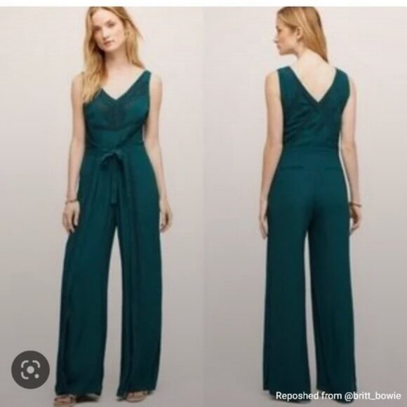 Anthropologie Elevenses Emerald Linen-Look Crochet Boho Wide Leg Pantsuit - Picture 2 of 16